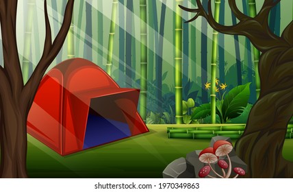 A red camping tent in the forest illustration