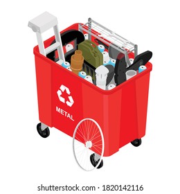 Red can with sorted metal garbage vector icon. Recycling garbage separation and recycled isolated on white background. Recycling concept - bin full of metal