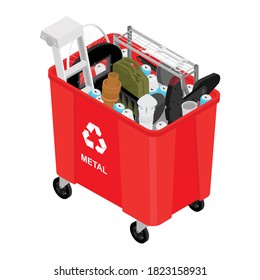 Caña roja con el icono del vector de la basura de metal ordenado. Reciclando la separación de basura y reciclando aislados en fondo blanco. Concepto de reciclaje - cubo lleno de metal