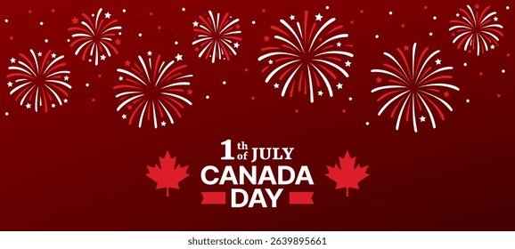 Red Canada Day banner with fireworks and maple leaf. Celebration of national holiday on 1st of July. Festive event concept. Vector graphics.