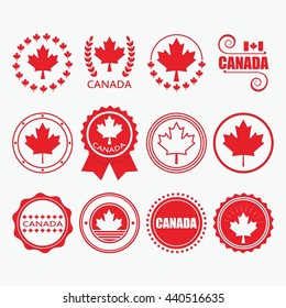 Red Canada flag emblems, stamps and design elements set