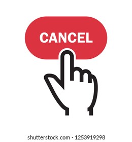 Red cancel button with hand click. Simple flat design. Isolate on white background.