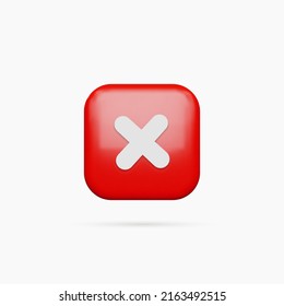 Red cancel cross icon isolated over white background. 3D rendering remove button in a square. Cross mark icon button and no or wrong symbol on reject cancel sign button. Vector isolated illustration