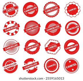 Red cancelled stamp with grunge. Set of cancel badges