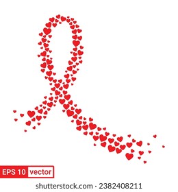 Red cancer awareness ribbon made of hearts isolated on white background