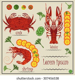 Red cancer ornamental style, patterned shrimp, crab with herbs and lemon. The modern concept of menu with seafood for design. Vector illustration