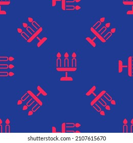 Red Candelabrum with three candlesticks icon isolated seamless pattern on blue background.  Vector