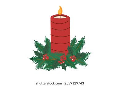 Red candle with Christmas tree branches and holly isolated on white. Advent and Christmas concept. Vector flat clipart.