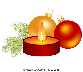 Red candle, gold and red balls. Vector illustration.