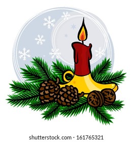 red candle in gold candlestick on green pine branches winter holidays Christmas New Year time illustration isolated on white background