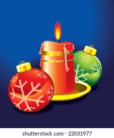 Red Candle On A Tray, Casting Light On Red And Green Christmas Ornaments With Snowflake Designs, Over Blue