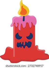 A red candle with a pink face, featuring a flickering flame at the top, illuminating its vibrant colors.
