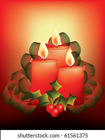 Red candle with ribbons on red background