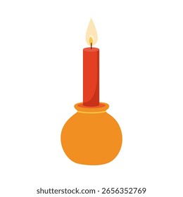 Red Candle in Round Holder. Flat Vector Illustration of Burning Candle