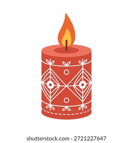 Vela vermelha com padrão decorativo branco e chama