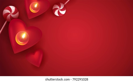 Red candles and candy on red background. Beautiful romantic background with place for text for Valentine day. Vetor illustration