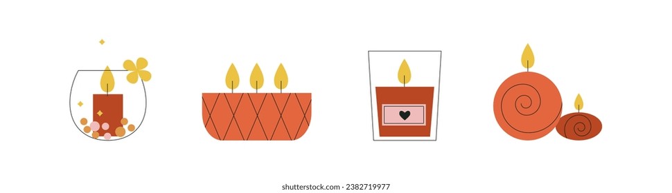 Red candles. Different shapes and sizes. Collection of modern candles made of soy and wax. Decorative wax candles for Christmas, vector illustration. Flat trendy abstract style, isolated. Love, cozy.