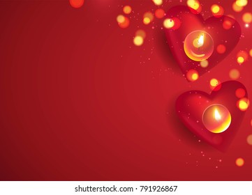 Red candles and gold lights on red background. Beautiful romantic background with place for text. Vetor illustration