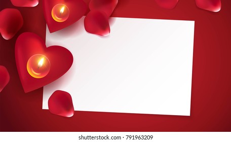 Red candles and  petals on red background. Beautiful romantic background with place for text for Valentine day. Vetor illustration