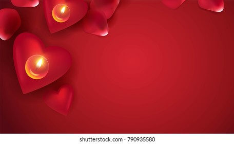 Red candles and rose petals on red background. Beautiful romantic background with place for text for Valentine day. Vetor illustration