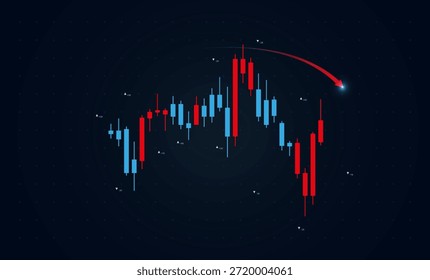 Red candlesticks signal bearish forex trends ending with a bright red shooting star arrow. Blue bullish bars mix with dominant red declines, showing market
