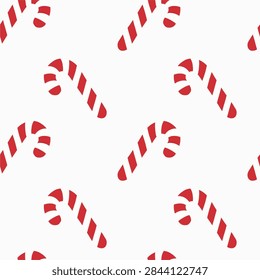 Red candy cane pattern, striped hooked sweets, white background, seamless vector repeat. Repeating peppermint forms create a playful holiday rhythm with bold red-and-white contrast.