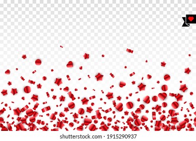 Red candy confetti isolated on transparent background and badge with heart. Festive vector seamless border on horizontal. Layered