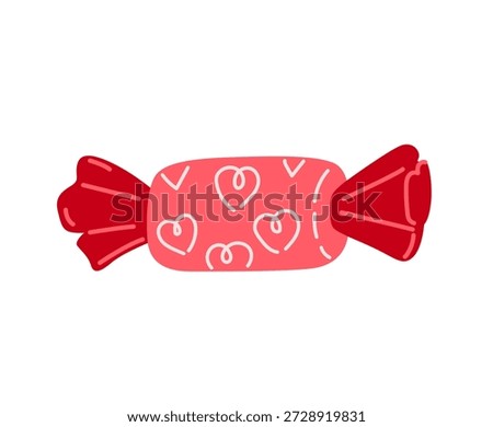 Red candy decorated with hearts. Valentine's Day. Hand-drawn vector illsutration.