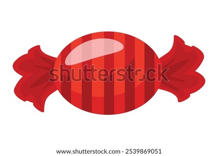 a red candy with a glossy, striped wrapper that twists at both ends. Decorative classic design of sweet for perfect treat look