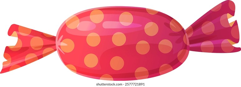 Red candy with polka dot wrapper, isolated on white background. Glossy sweet confectionery designed in cartoon style. Vector illustration perfect for festive, decorative, or food-related concepts.