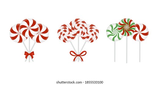 Red candy set. Christmas candy Lollipop. Striped mints on a white background. Vector illustration.