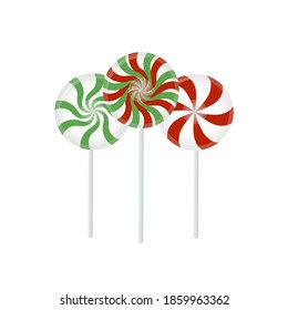 Red candy set. Christmas candy Lollipop. Striped mints on a white background. Vector illustration.
