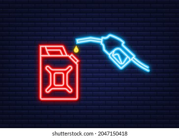 Red canister. Fueling gasoline or diesel vector web banner. Filling stations network, petroleum. Neon icon. Vector stock illustration.