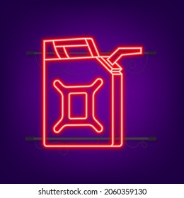 Red canister. Fueling gasoline or diesel web banner. Filling stations network, petroleum. Neon style. Vector illustration