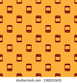 Red Canned food icon isolated seamless pattern on brown background. Food for animals. Pet food can. Vector Illustration