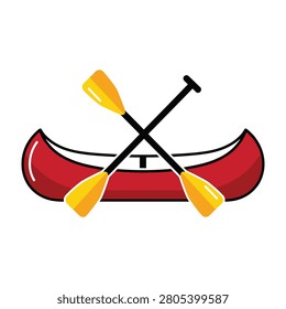 A red canoe with crossed yellow oars on a white background, perfect for recreational sports and outdoor activities
