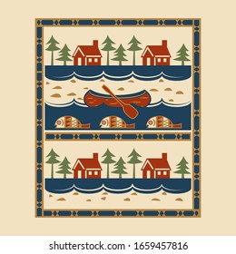 
Red canoe, lodge, lake, fish, geometric pattern. Rustic area rug. Color vector illustration.