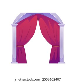 Red canopy or curtain tied with a gold rope, marble arch with columns. Palace. Medieval castle. Interior element. Entrance to the royal chambers or throne room. Vector illustration on white background