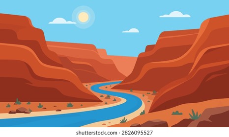 Red canyon landscape with winding river and desert scenery illustration
