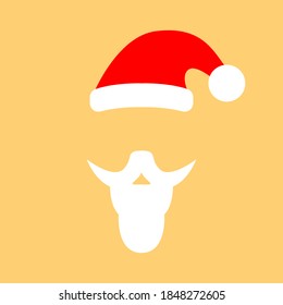 Red Cap with white pompon of Santa Claus and white mustache with a beard isolated on yellow background. Greeteng card with Santa Claus hat, flat style,icon. Festive Cristmas poster.Vector illustration