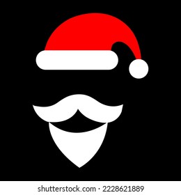 Gorra roja con pomón blanco de Santa Claus y bigote blanco con barba aislada en un fondo negro...