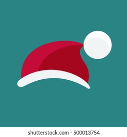 Red Cap with white pompon of Santa Claus isolated on blue background is a symbol of Christmas and new year.warm winter headdress for adults.knitted hat with white bubo for a child.vector illustration.