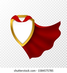 Red cape badge. Hero cloak, mantle carnival super clothes with blank shield. Success and leadership symbol, power vector imagination superhero concept