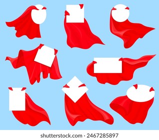 Red cape badges. Superhero capes labels, isolated flying fashion satin cloth blank emblems business sale prices, super hero magician cloak costume cartoon neat vector illustration