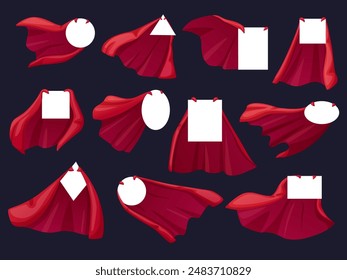 Red cape labels. Superhero flying cloaks with empty banners. Stickers for advertisements messages discount prices and information, nowaday vector templates