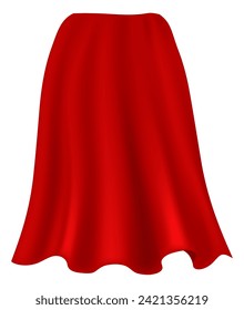 Red cape. Realistic draped scarlet cloak. Drapery silk and velvet textile. Mantle costume, masquerade and carnival cloth. Superhero robe. Magic cover. Vector isolated element