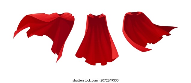 Red cape superhero satin cloth, magic covers isolated cartoon icons set. Vector mantle costume, magic flowing and flying carnival vampire clothes. Superpower cloak waving in wind, hero accessory