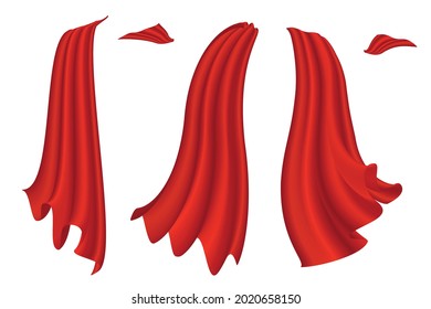 Red capes set on white background. Superhero satin cloaks. Vector illustration