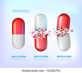 Red capsules info graphic. Painkillers, antibiotics, vitamins, amino acids, minerals, bio active additive, sports nutrition. Icons of medicament. Medical illustration on blue background.