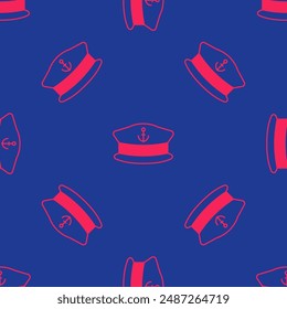 Red Captain hat icon isolated seamless pattern on blue background.  Vector